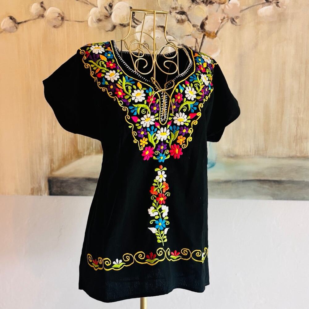 Handmade Black Floral Embroidered Blouse Colorful Folk Boho Top L XL
